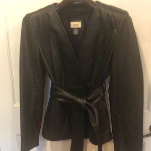 Neiman Marcus Exclusive black lamb leather belted jacket.